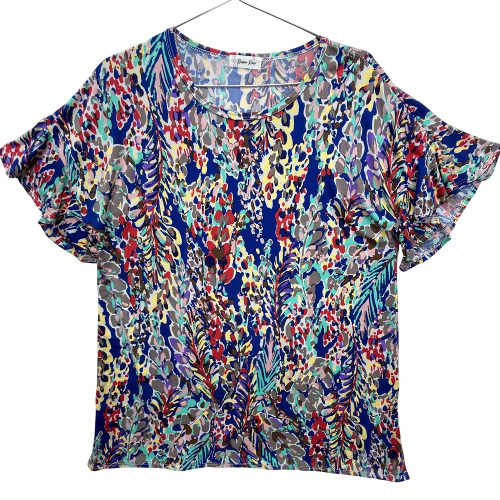 Beeson River Abstract Flutter Sleeve Blouse Women L Boho Colorful Casual